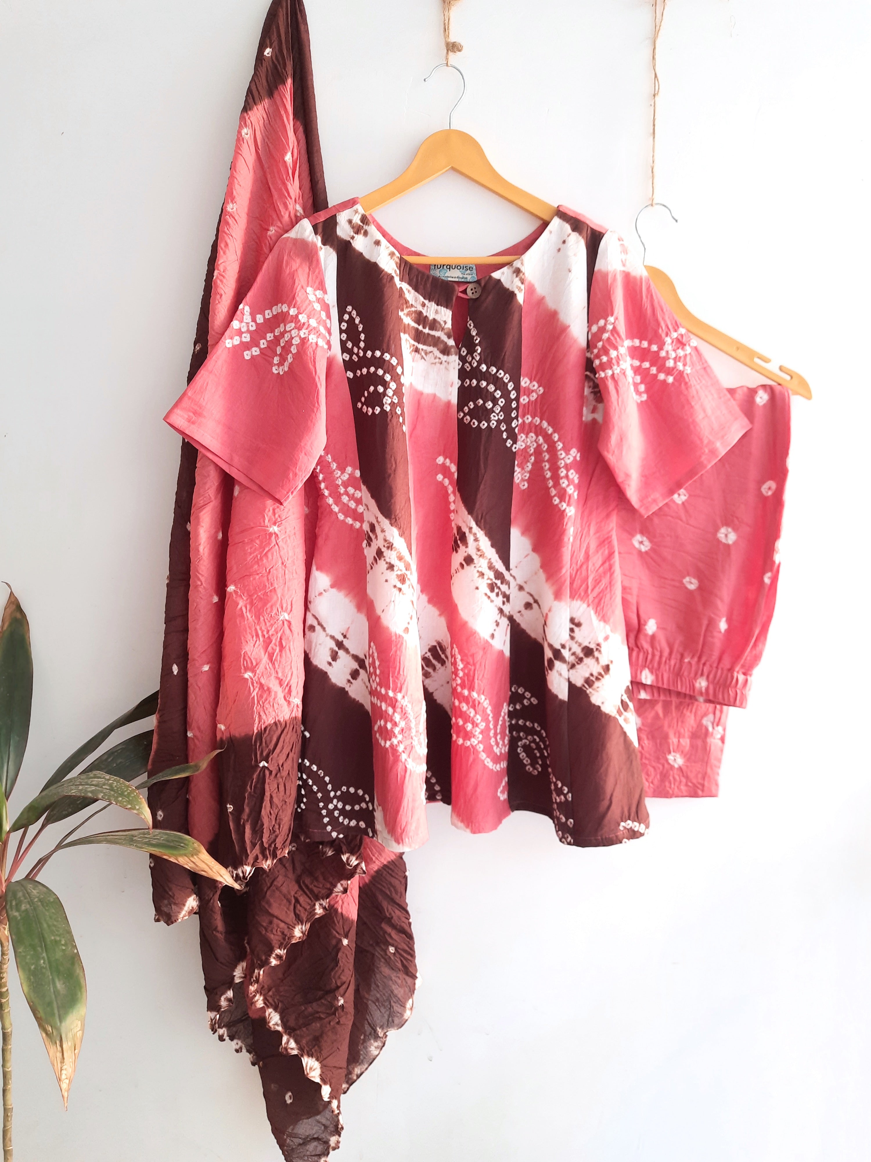 Pink and Brown Bandhani Three-Piece Set: Hand Tie-Dye Elegance