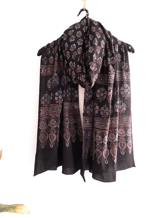 Turquoisethestore's Black Ajrakh Cotton Dupatta: Elevate your summer look with this eco-friendly, handmade piece. Crafted from pure cotton using traditional ajrakh printing, it adds adaptable charm to every outfit. Shop now!
