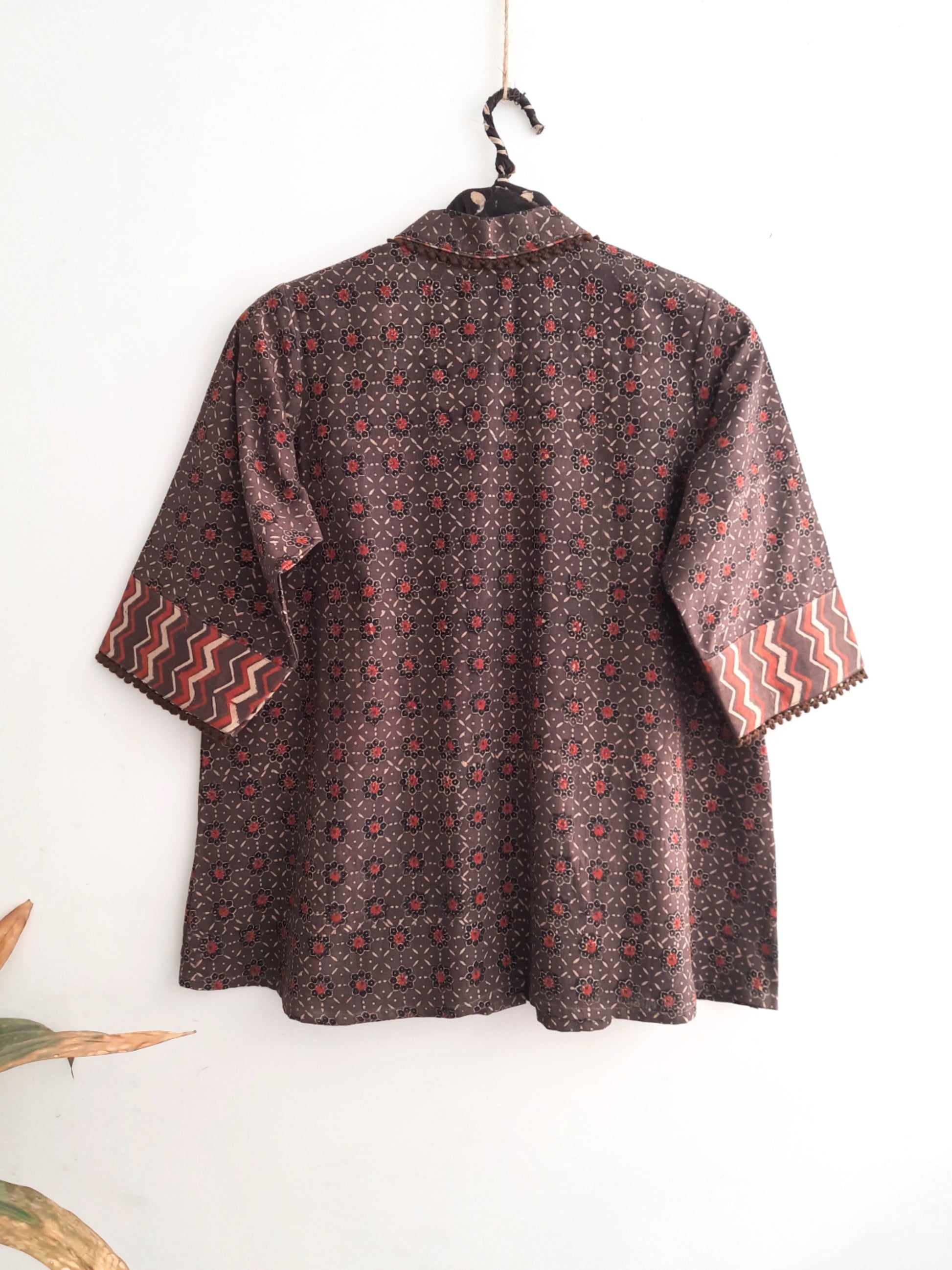 Hand spun and handwoven organic cotton brown ajrakh shirt for women