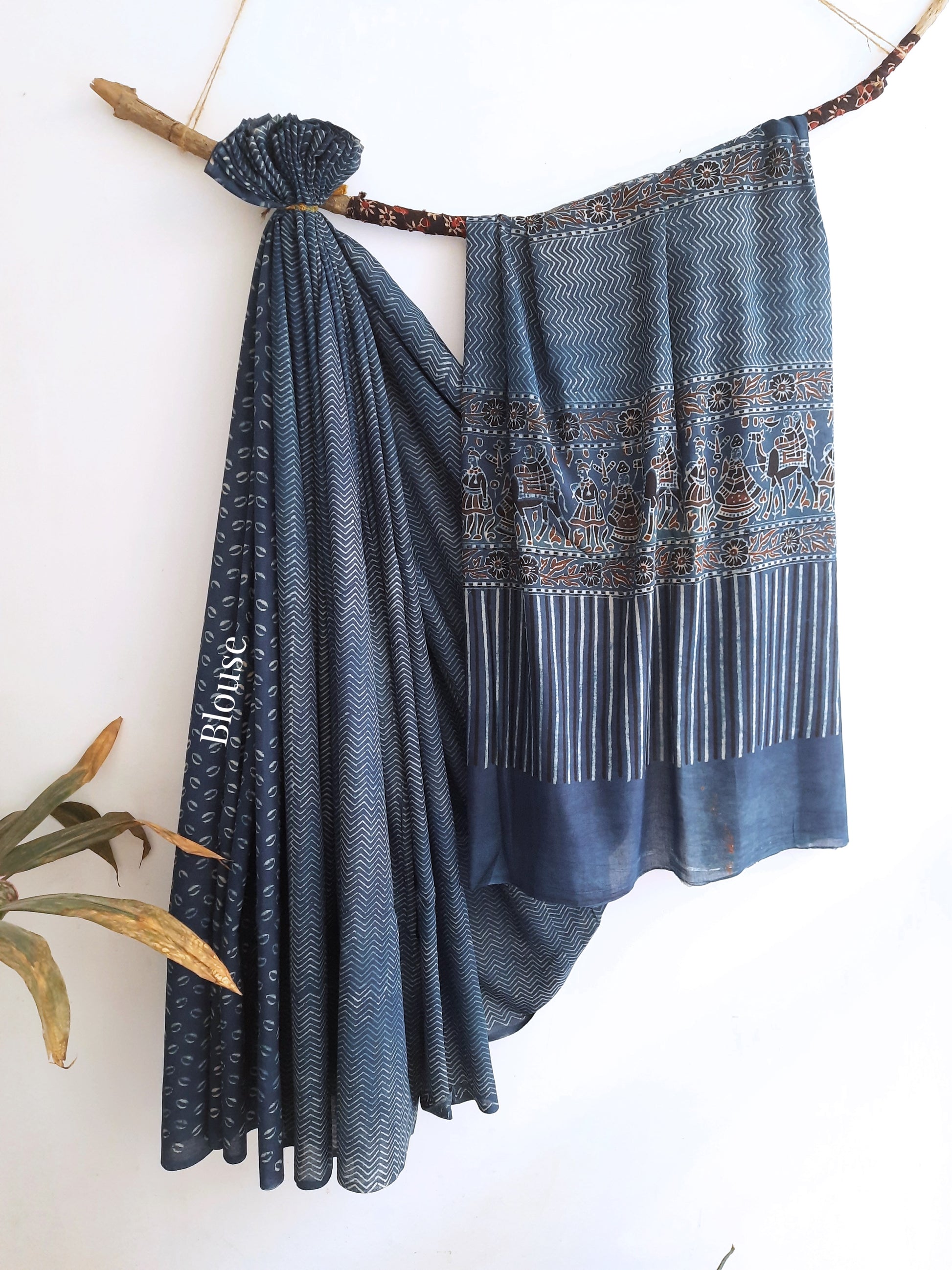 Indigo-dyed Ajrakh hand block printed saree crafted in pure cotton by Turquoisethestore, a blend of comfort and style.