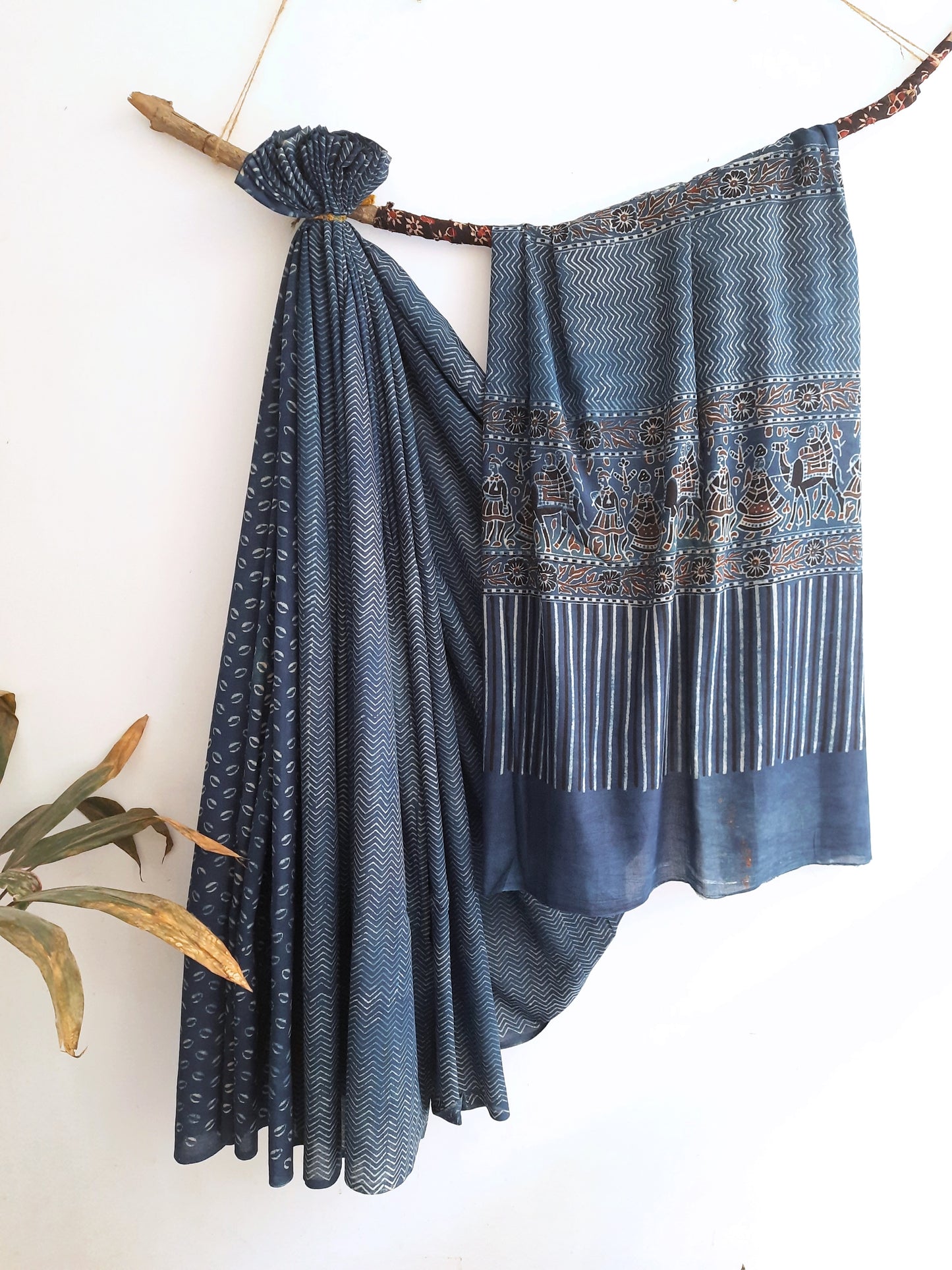 Indigo-dyed Ajrakh hand block printed saree crafted in pure cotton by Turquoisethestore, a blend of comfort and style.