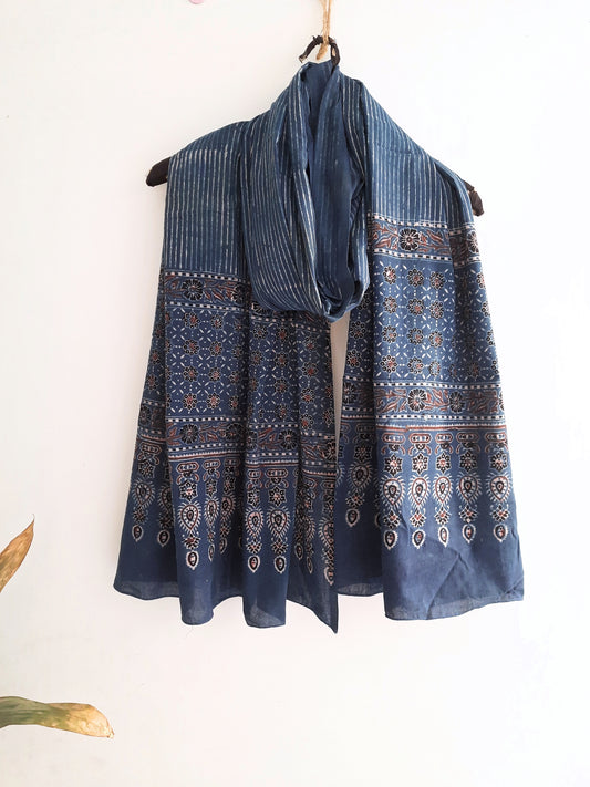Indigo Dyed Stripes Cotton Dupatta - Handcrafted using traditional ajrakh techniques, this sustainable and timeless piece adds artisanal charm to any outfit. A unique summer wardrobe update for eco-conscious fashion enthusiasts.