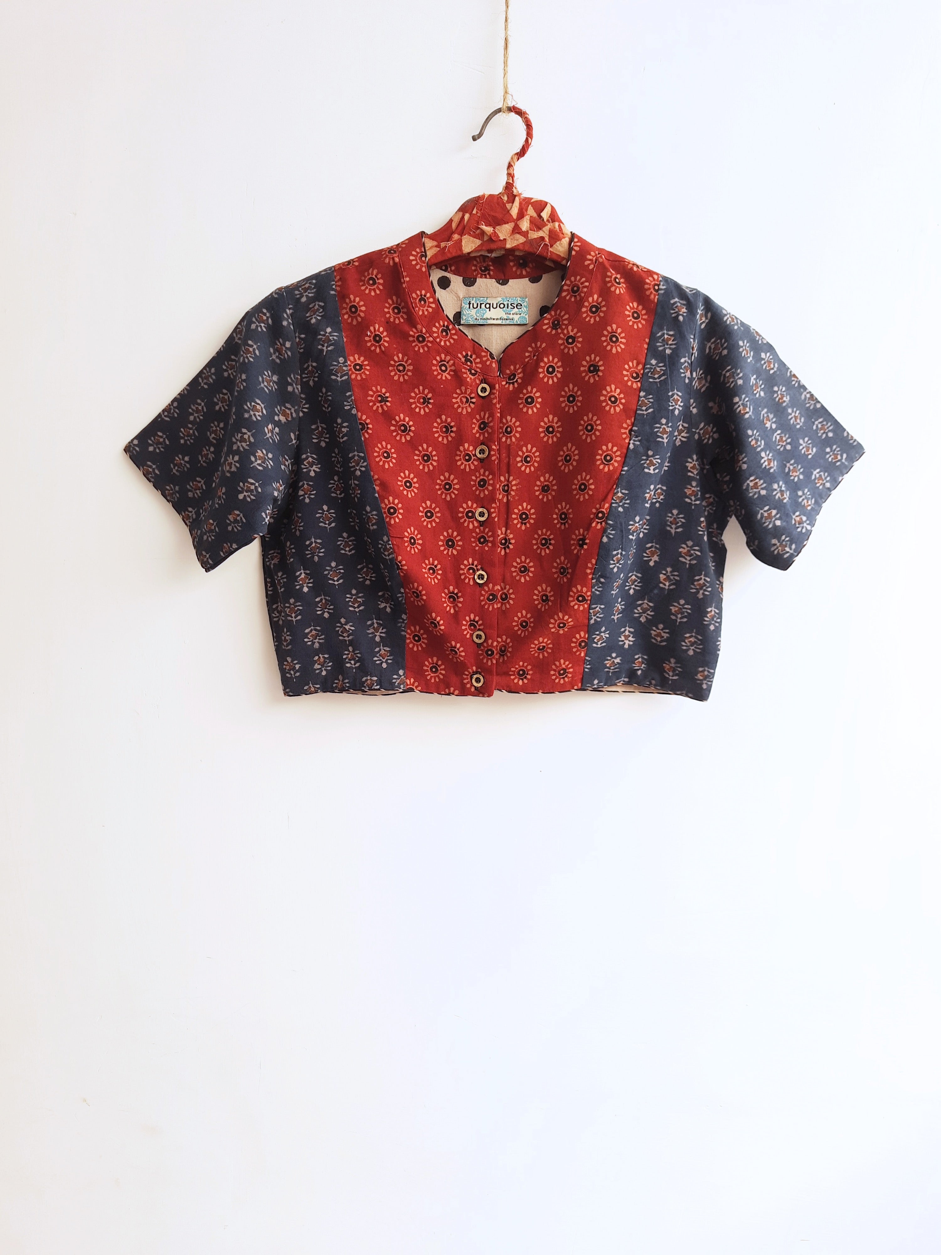 Indigo ajrakh prints full sleeves blouse – Turquoisethestore