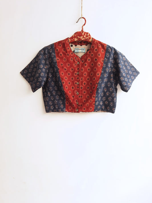 Indigo and madder ajrakh blouse, Ajrakh indigo madder blouse, Cotton blouse, Saree blouse, Sustainable fashion