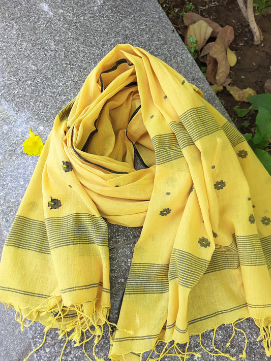 Jamdani Dupatta in Lemon Yellow Color, Handwoven Jamdani Dupatta