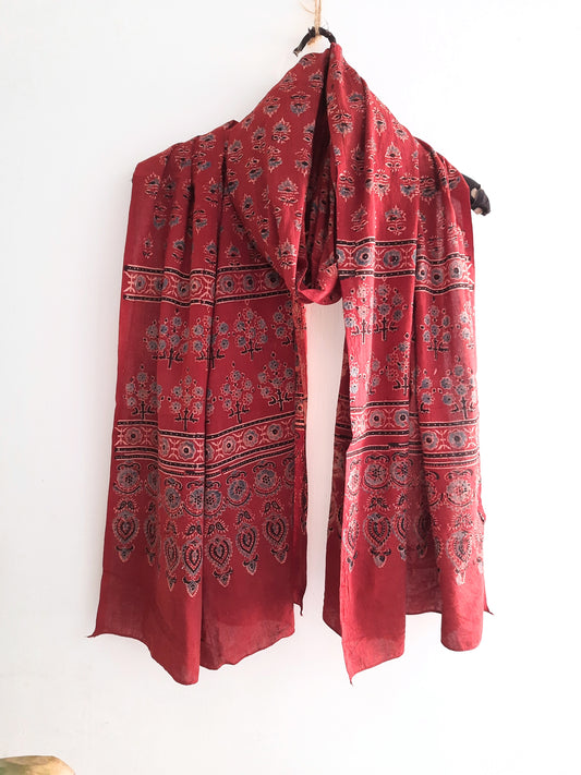 Madder Dyed Ajrakh Cotton Dupatta from Turquoisethestore: Handcrafted from pure cotton, adorned with traditional ajrakh prints. Elevate your summer style with this sustainable, versatile, and timeless artisanal piece. Shop now!