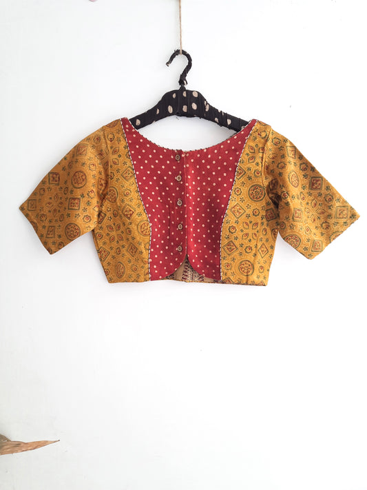 Mashru silk ajrakh blouse in turmeric yellow color