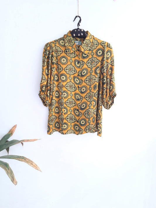 Modal silk ajrakh shirt in turmeric yellow colour