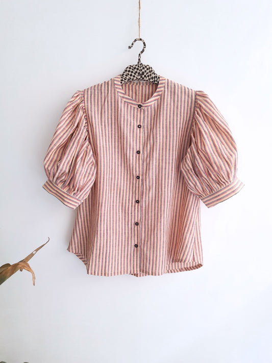 Striped hand-spun cotton shirt with mandarin collar and puffy sleeves for women.