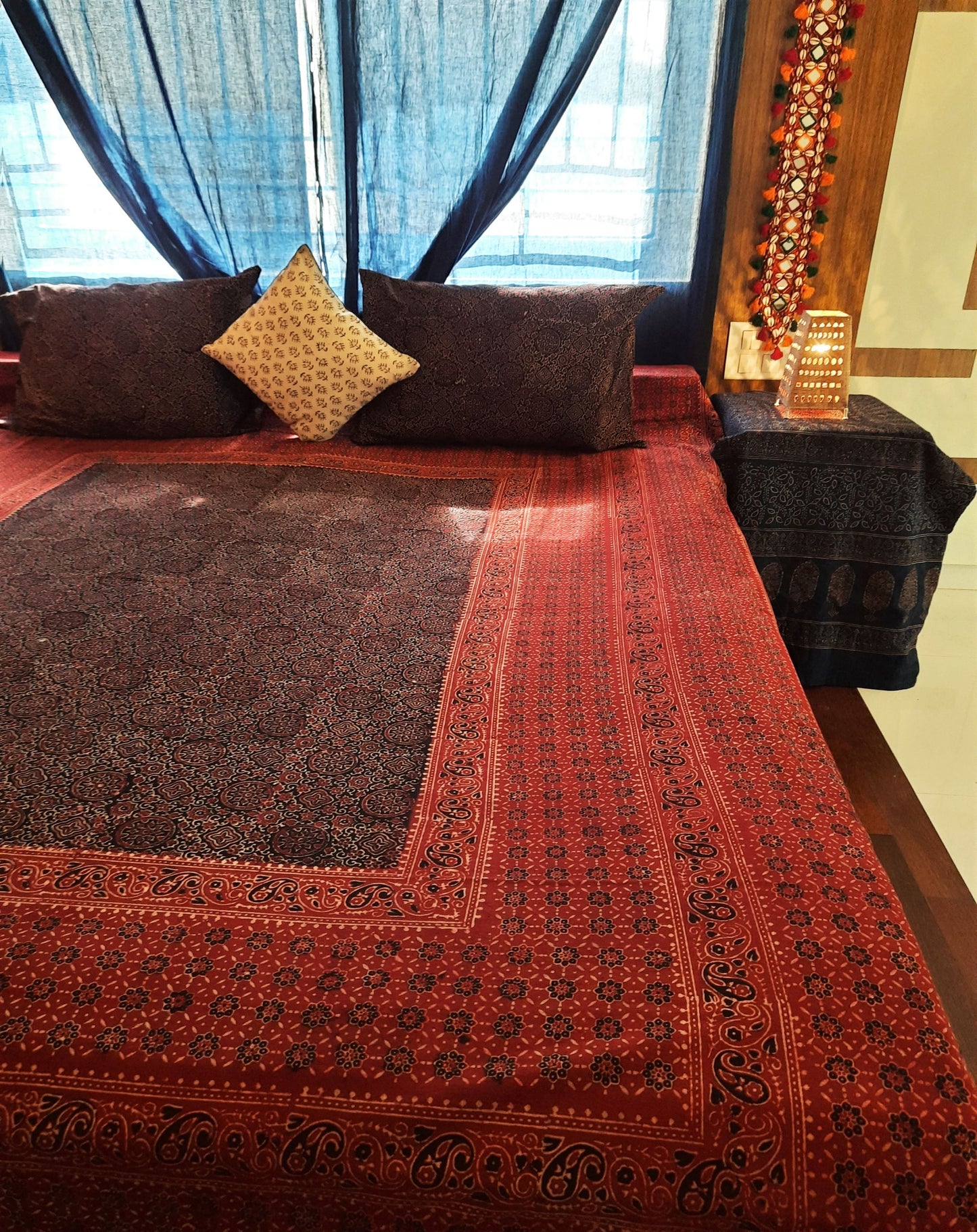 Ajrakh bed linen, Madder red ajrakh bed linen, handmade bed linen, ajrakh bed sheet