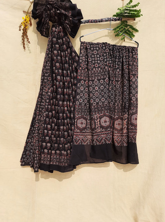 Ajrakh prints black saree, Ajrakh hand block print cotton saree in black color, Ajrakh prints sari