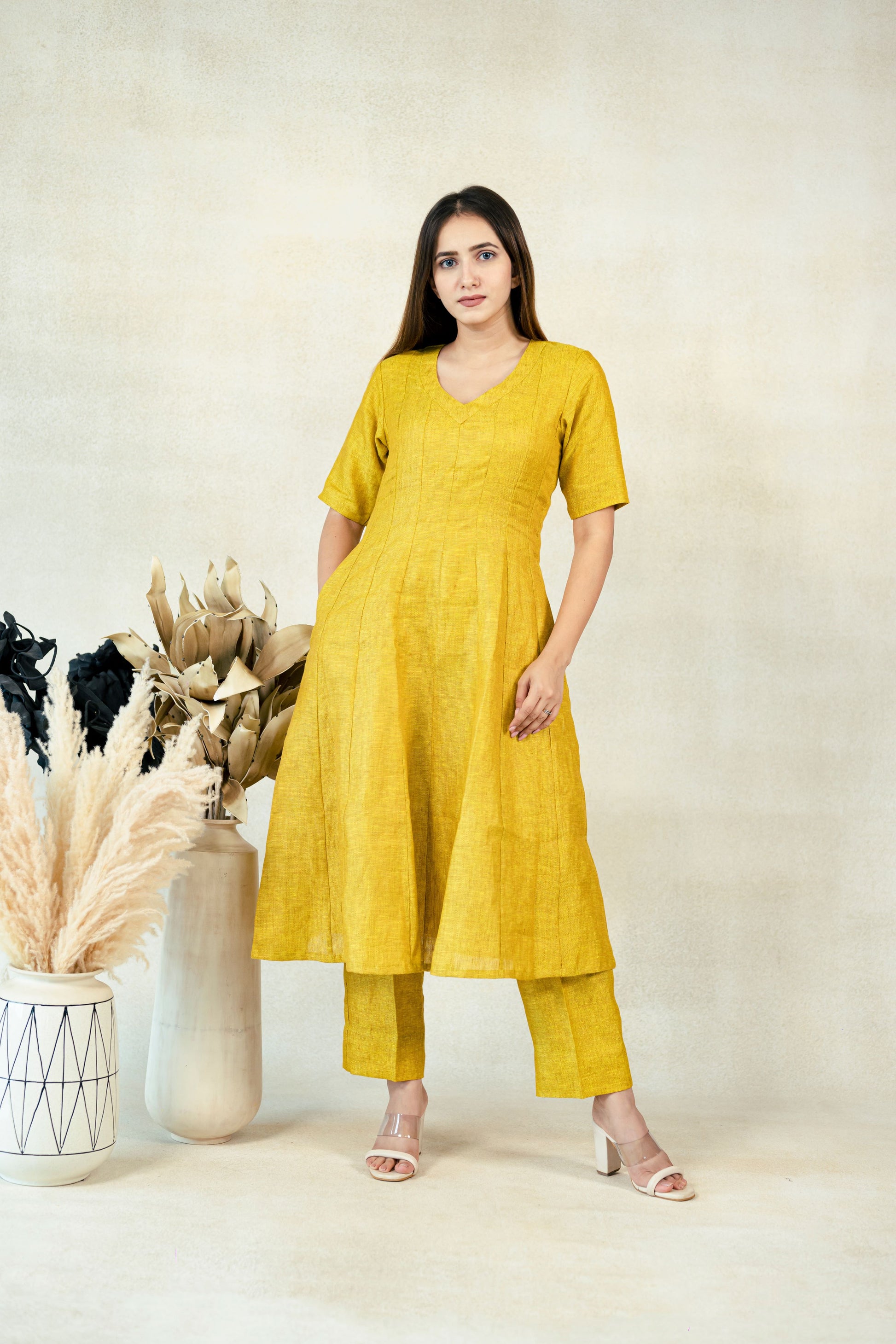 Mustard linen coord set, Mustard flax linen coord set, Kali cut kurta pants set, Sustainable luxury fashion
