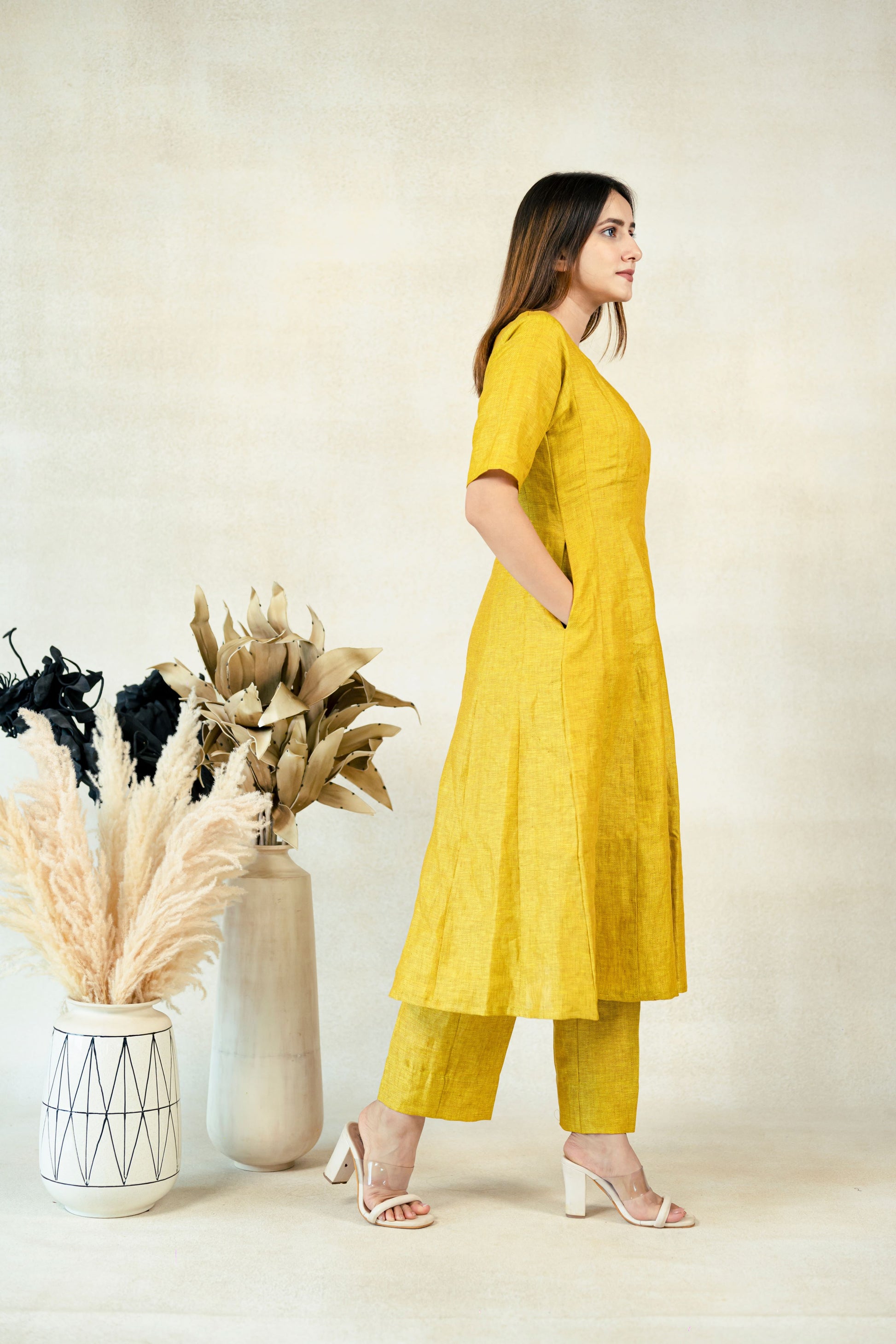 Mustard linen coord set, Mustard flax linen coord set, Kali cut kurta pants set, Sustainable luxury fashion