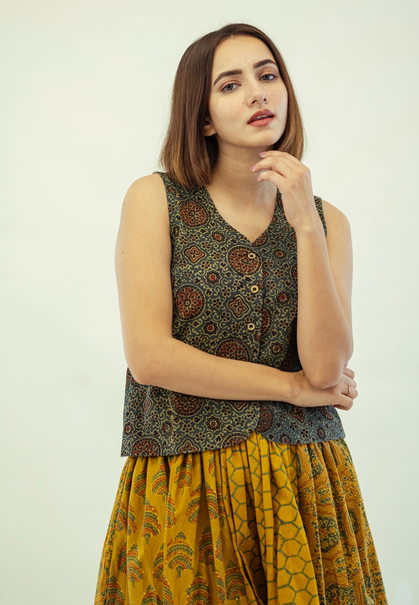 Turmeric dyed ajrakh prints skirt top set, Summer collection 2023, SS23, Ajrakh prints skirt top in cotton