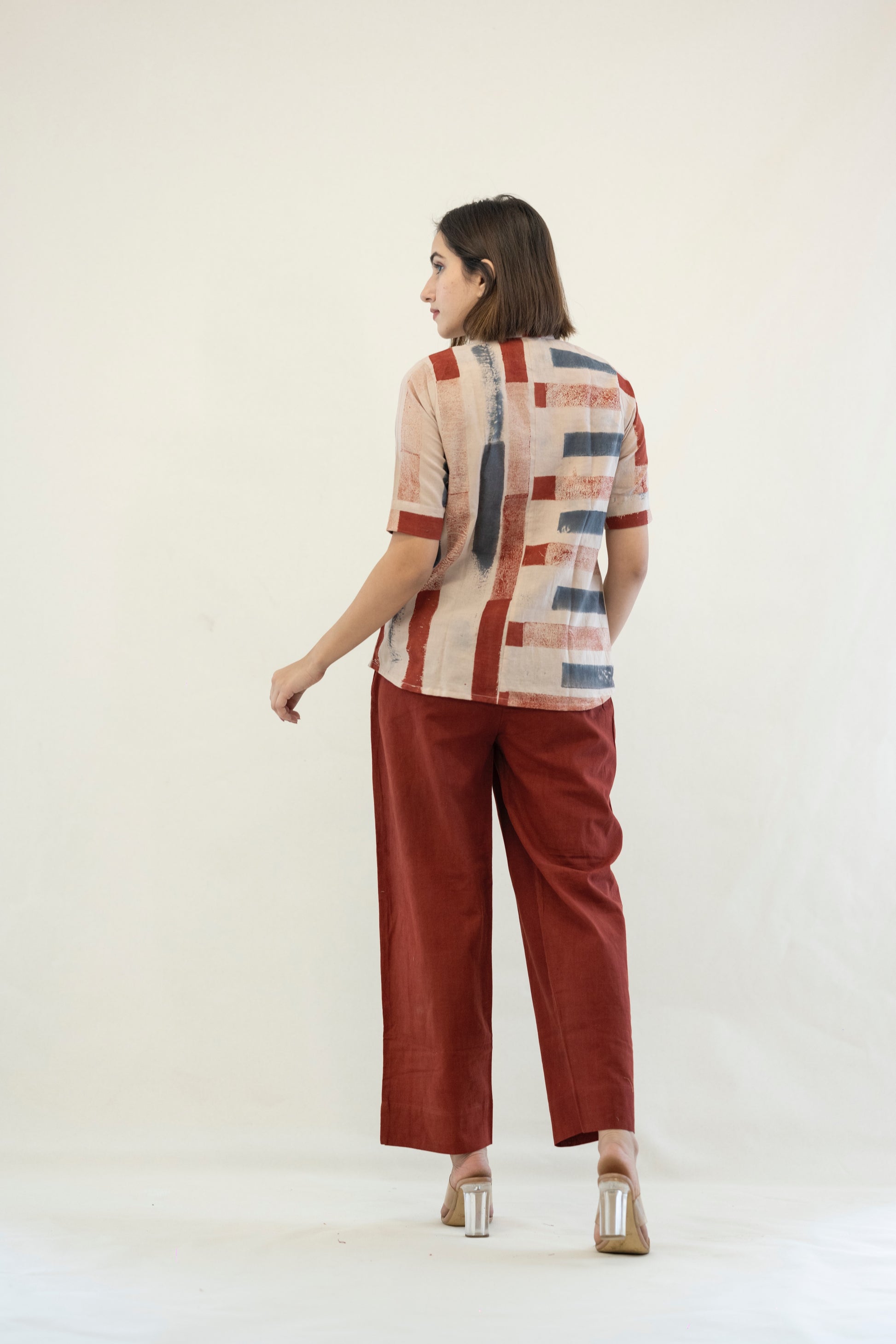 Beige ajrakh hand block print abstract shirt for her, Handmade ajrakh abstract shirt, Summer, Conscious fashion