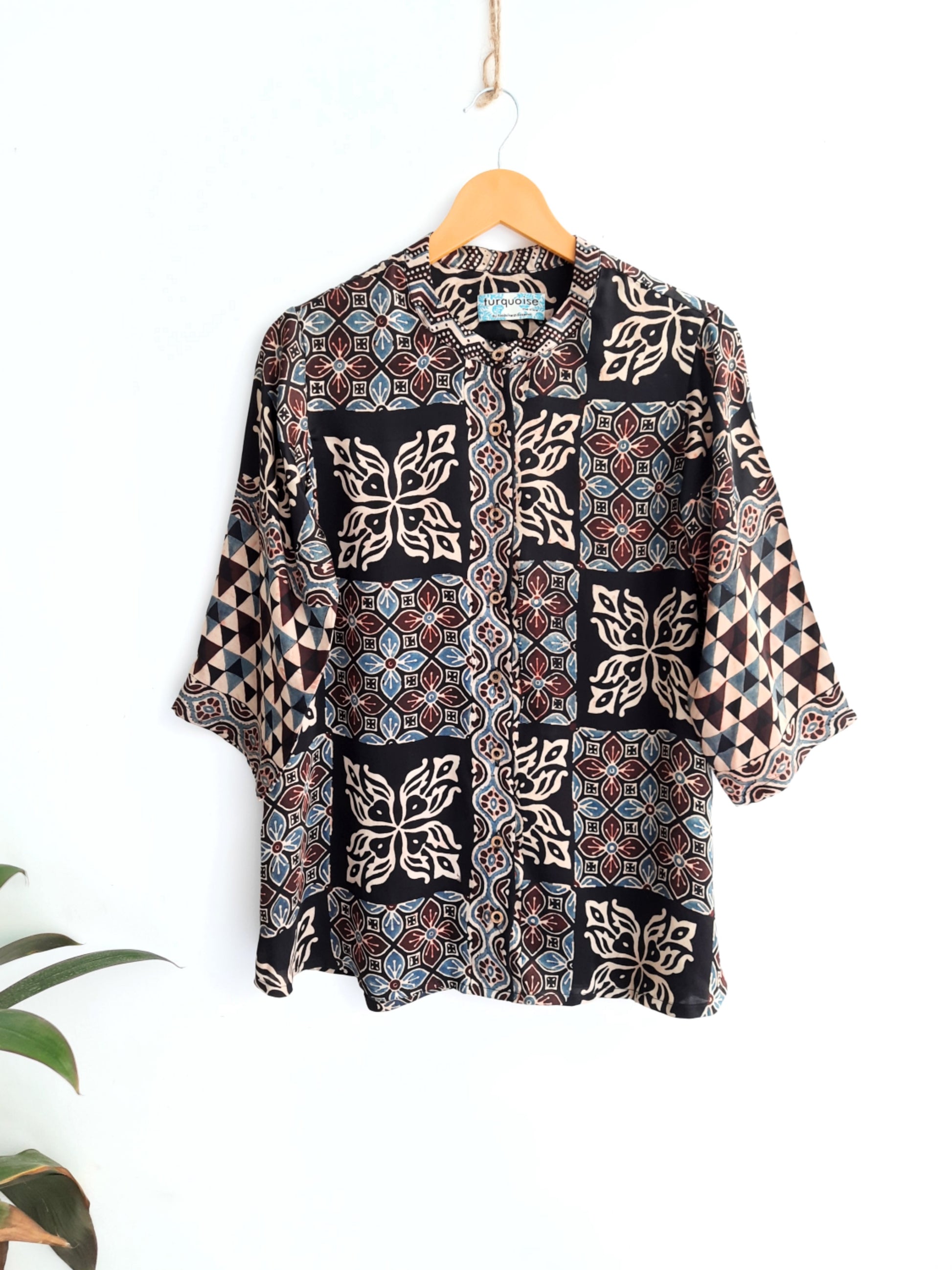 Abstract black modal silk shirt for women, Handmade natural dyed shirt for her, Ajrakh shirt