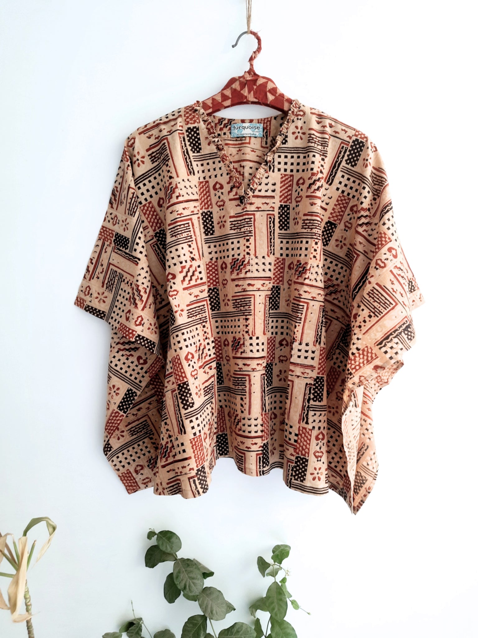 Ajrakh Hand Block Print Kaftan Top in Earthy Peach Color.