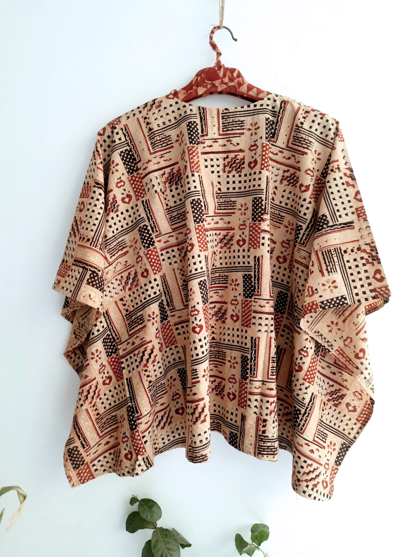 Ajrakh Hand Block Print Kaftan Top in Earthy Peach Color.