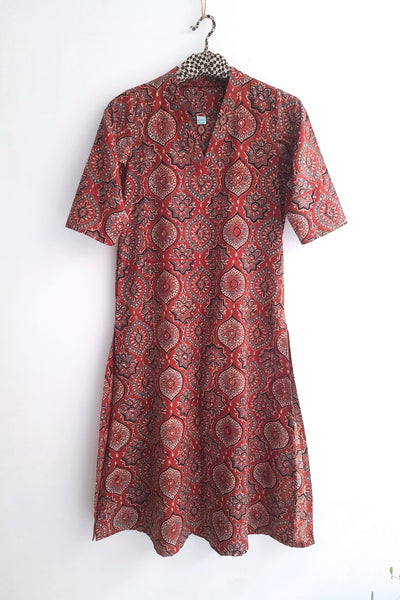 Ajrakh Hand Block Print Kurta in Maroon Color.