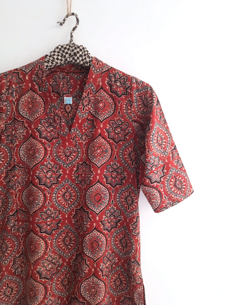 Ajrakh Hand Block Print Kurta in Maroon Color.