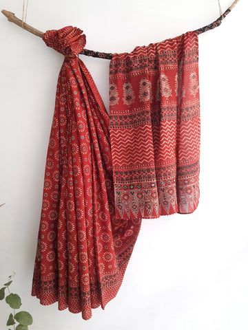 Ajrakh Hand Block Prints Cotton Saree Dyed in Madder.