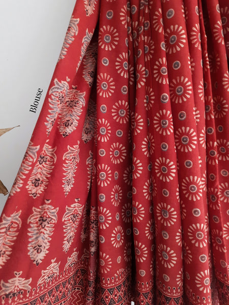 Ajrakh Hand Block Prints Cotton Saree Dyed in Madder.