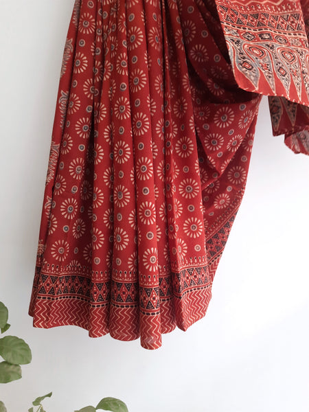 Ajrakh Hand Block Prints Cotton Saree Dyed in Madder.