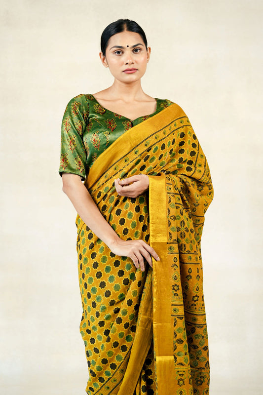 Ajrakh mashru silk blouse in green color,