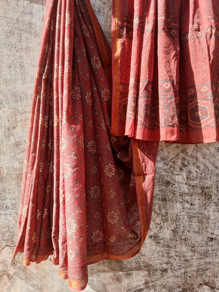 Ajrakh Hand Block Print Chanderi Cotton Saree, Natural Madder Dyed Saree, Sustainable Handmade Saree with Blouse, Ethically Crafted Indian Saree.