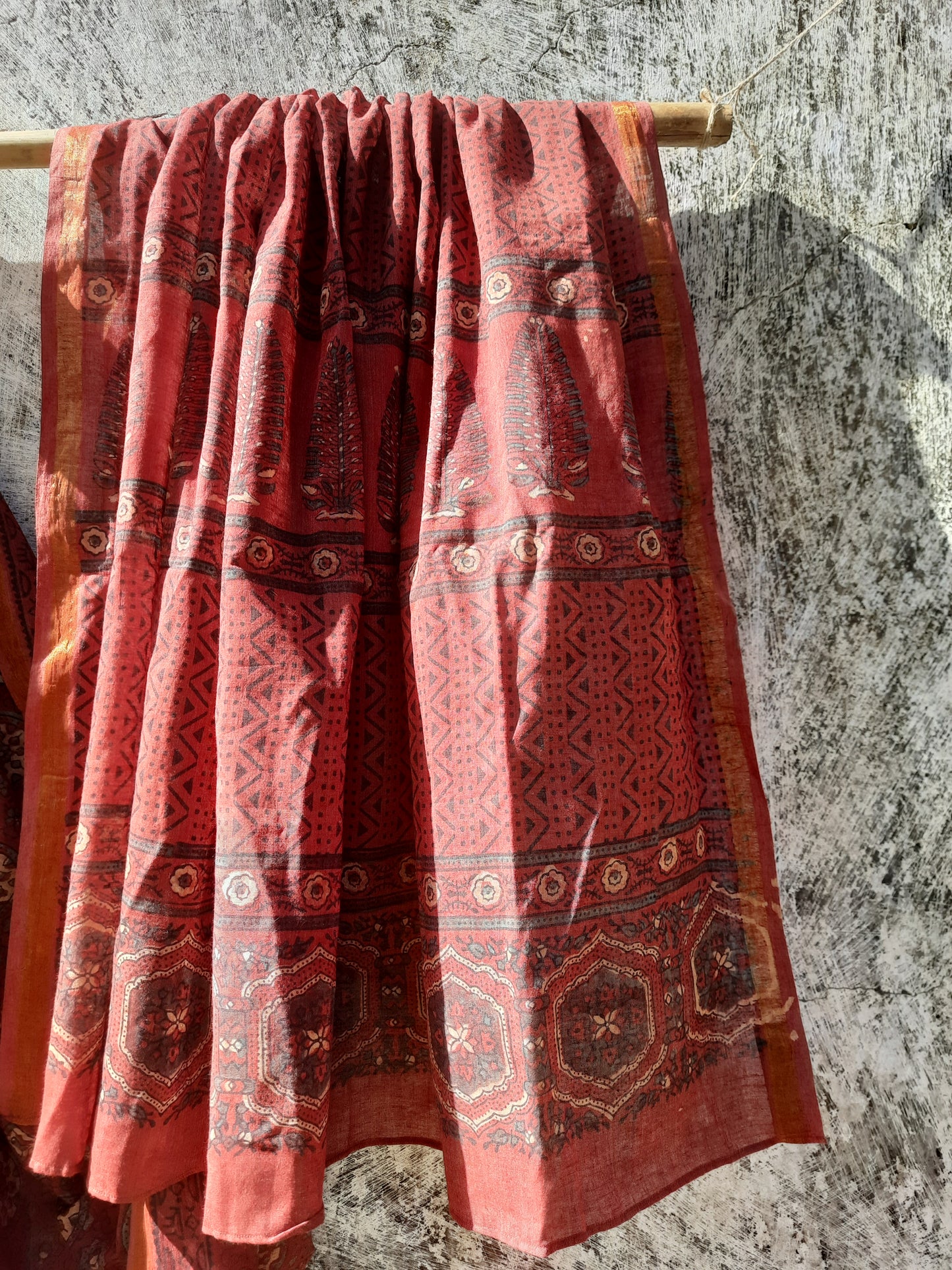 Ajrakh Hand Block Print Chanderi Cotton Saree, Natural Madder Dyed Saree, Sustainable Handmade Saree with Blouse, Ethically Crafted Indian Saree.