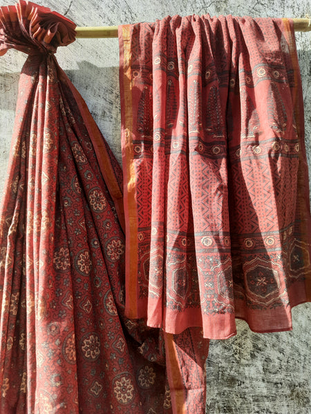 Ajrakh Hand Block Print Chanderi Cotton Saree, Natural Madder Dyed Saree, Sustainable Handmade Saree with Blouse, Ethically Crafted Indian Saree.