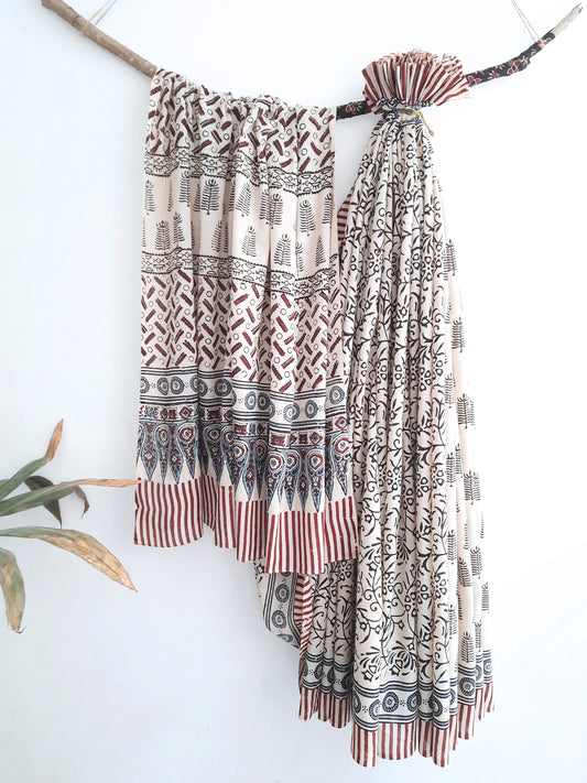 Off White Ajrakh Cotton Saree by Turquoisethestore, showcasing intricate hand block prints, crafted with natural dyes and sustainable methods.
