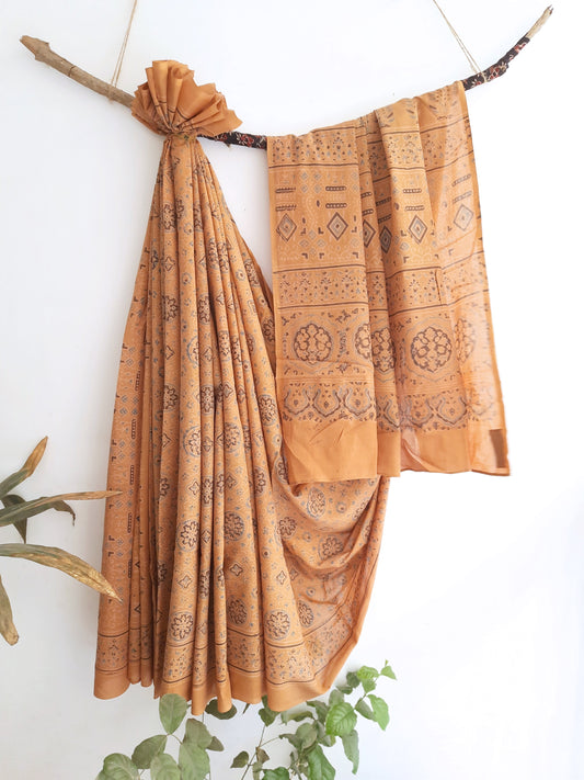 Exquisite Handcrafted Ajrakh Block Print Cotton Saree in Earthy Peach, Symbolizing Sustainable Fashion and Timeless Elegance.