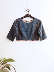 Ajrakh hand block prints blouse dyed in indigo, Indigo dyed blouse, Blouse for saree