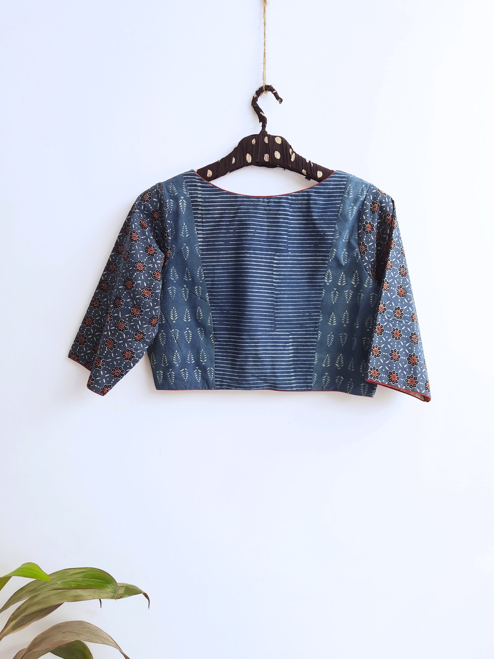 Ajrakh hand block prints blouse dyed in indigo, Indigo dyed blouse, Blouse for saree