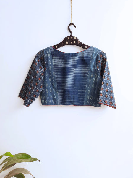 Ajrakh hand block prints blouse dyed in indigo, Indigo dyed blouse, Blouse for saree