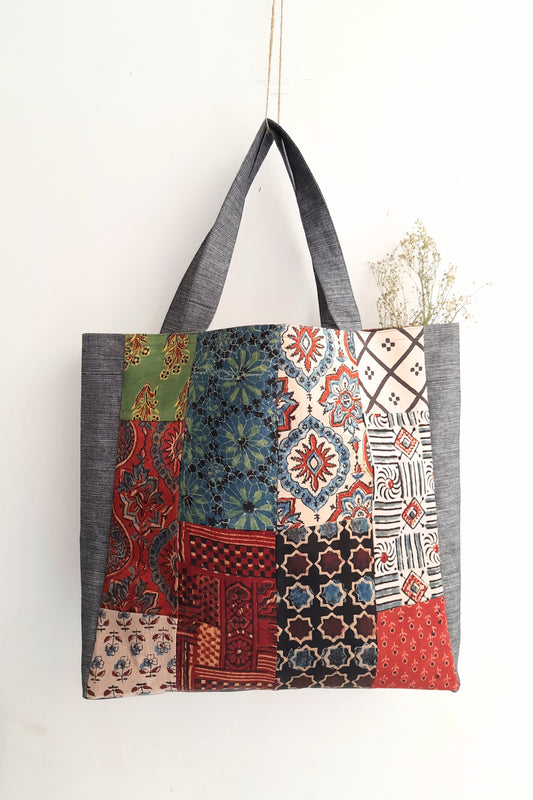 Upcycled ajrakh patchwork jhola bag, Handmade bag