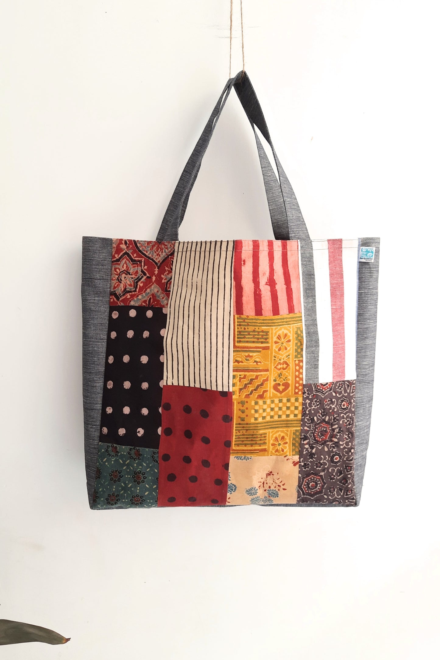 Upcycled ajrakh patchwork jhola bag, Handmade bag