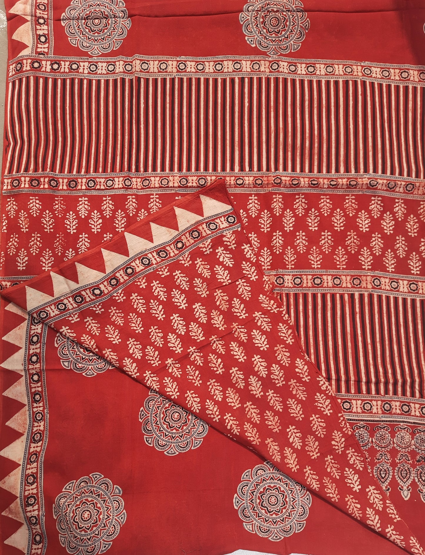 Madder Dyed Ajrakh Hand Block Printed Pure Cotton Saree with Intricate Handmade Wooden Block Prints, Eco-Friendly, and Ethically Crafted.