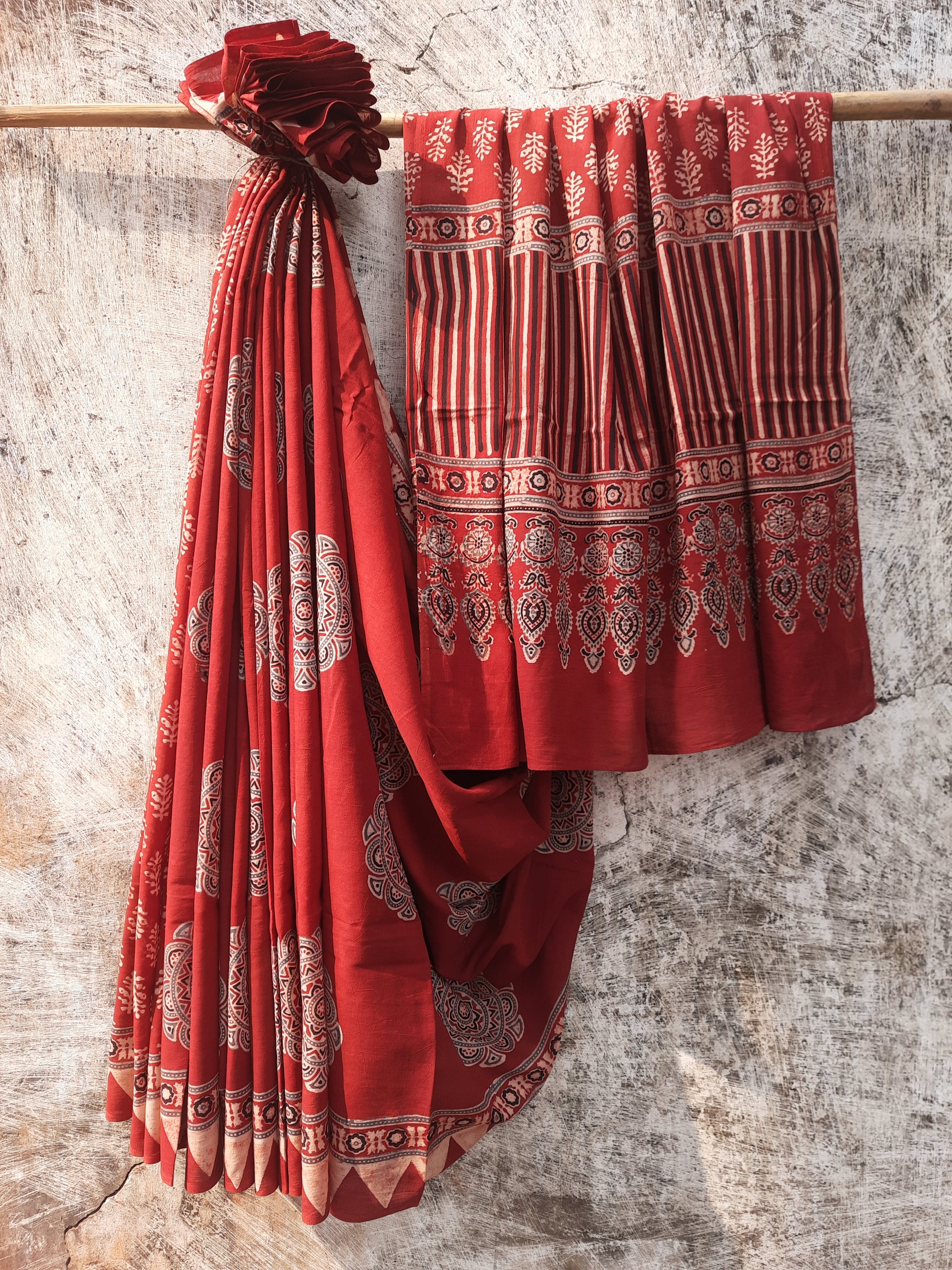 Madder Dyed Ajrakh Hand Block Printed Pure Cotton Saree with Intricate Handmade Wooden Block Prints, Eco-Friendly, and Ethically Crafted.