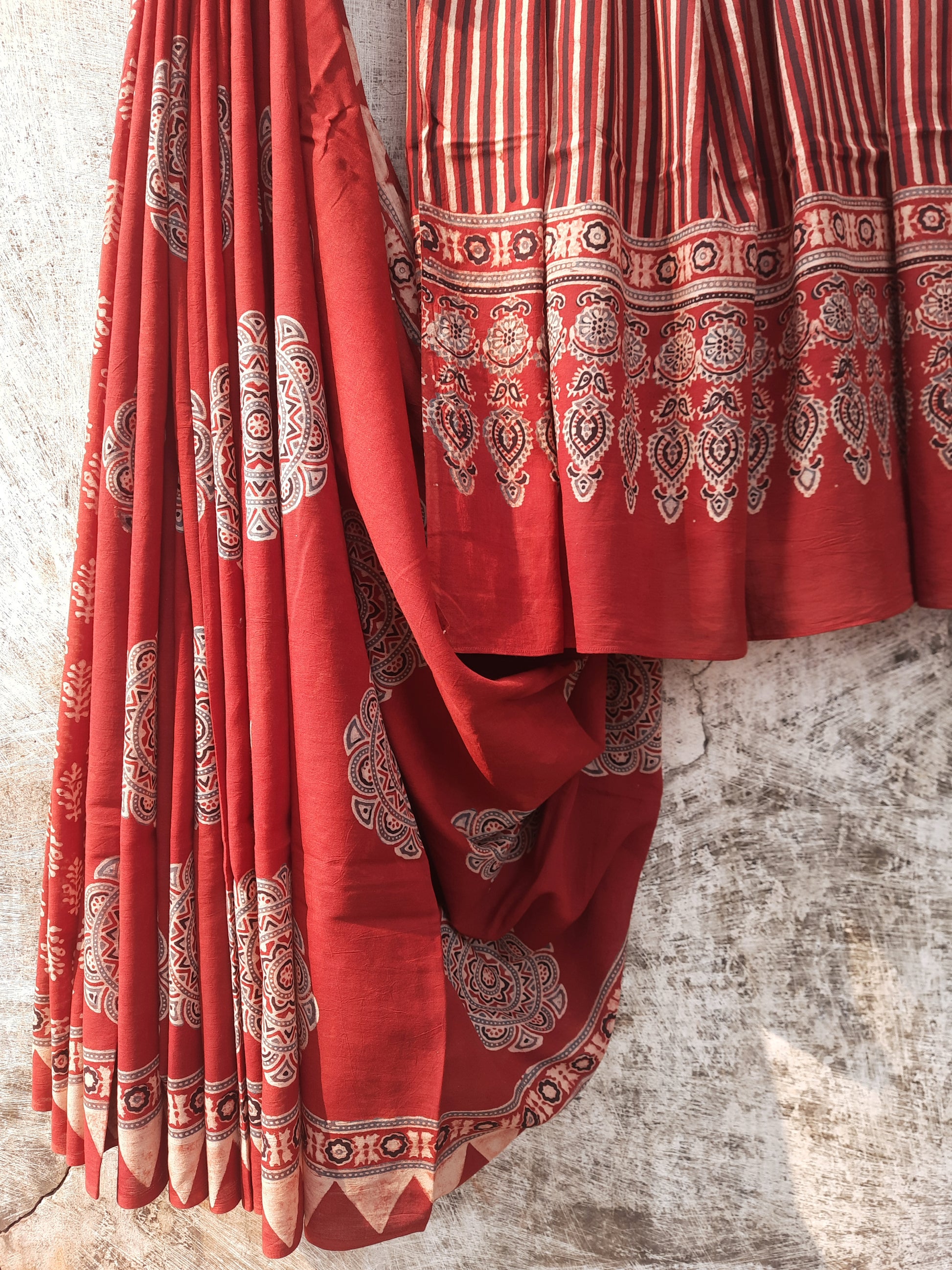 Madder Dyed Ajrakh Hand Block Printed Pure Cotton Saree with Intricate Handmade Wooden Block Prints, Eco-Friendly, and Ethically Crafted.