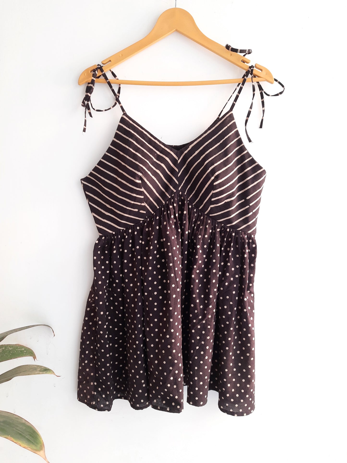 Beach vibe tie up peplum top in polka dots and stripes, Black stripes peplum top, Natural dyed top
