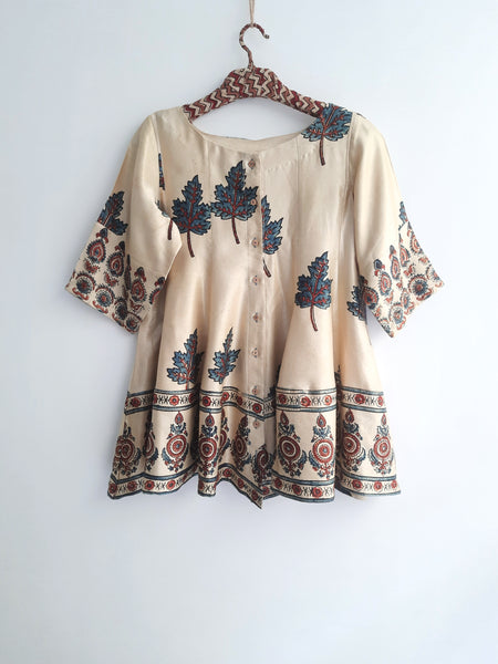 Beige ajrakh hand block prints mashru silk shirt or top for women. Handmade clothing for women.