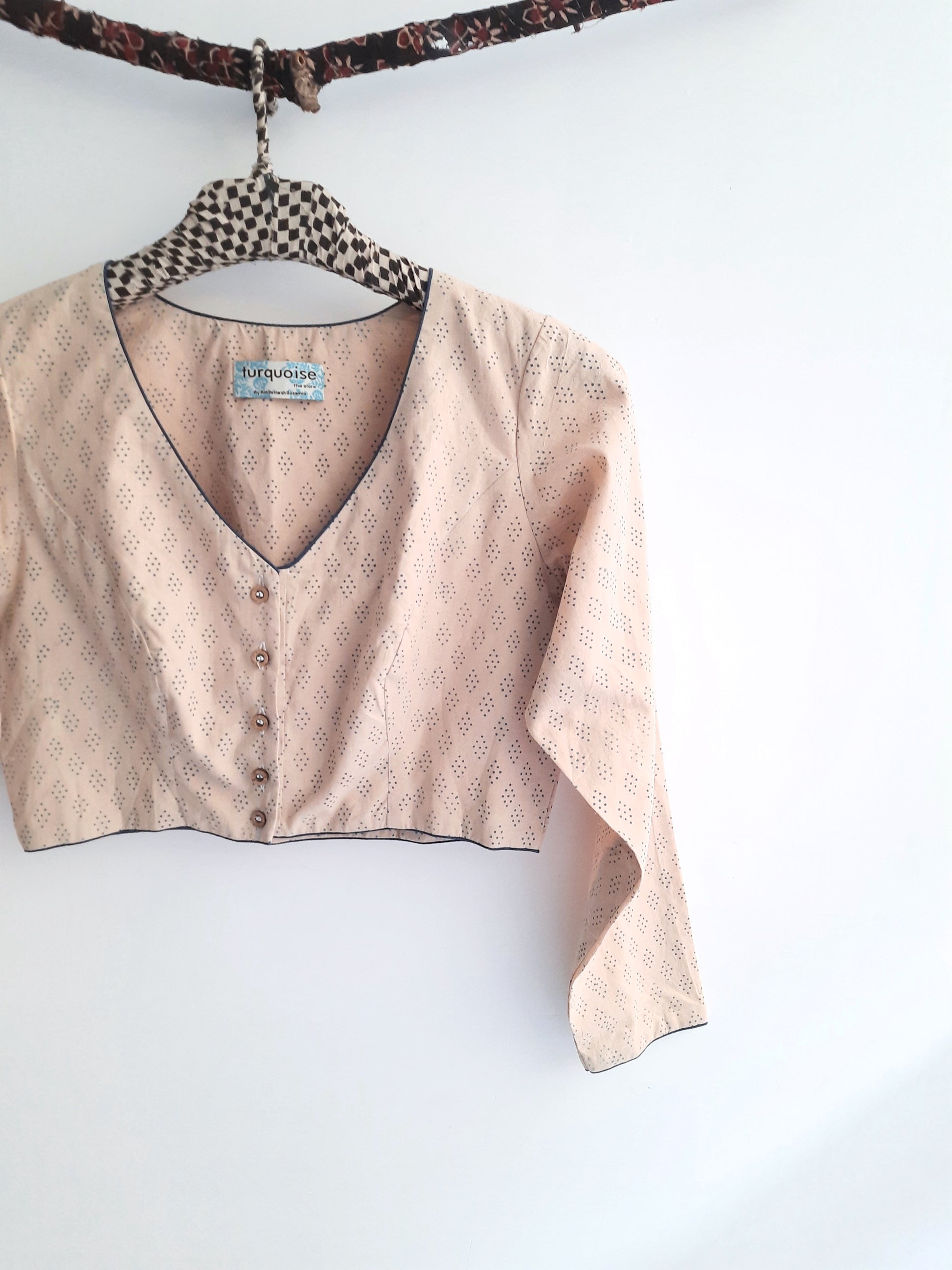 Beige Polka Dots Ajrakh Blouse with Full Sleeves.