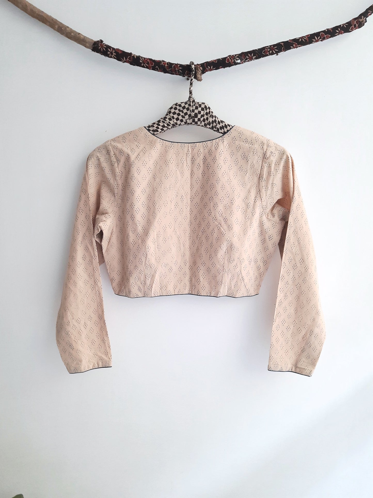 Beige Polka Dots Ajrakh Blouse with Full Sleeves.