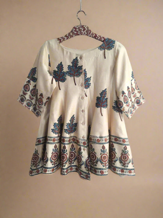 Beige ajrakh hand block prints mashru silk shirt or top for women. Handmade clothing for women.