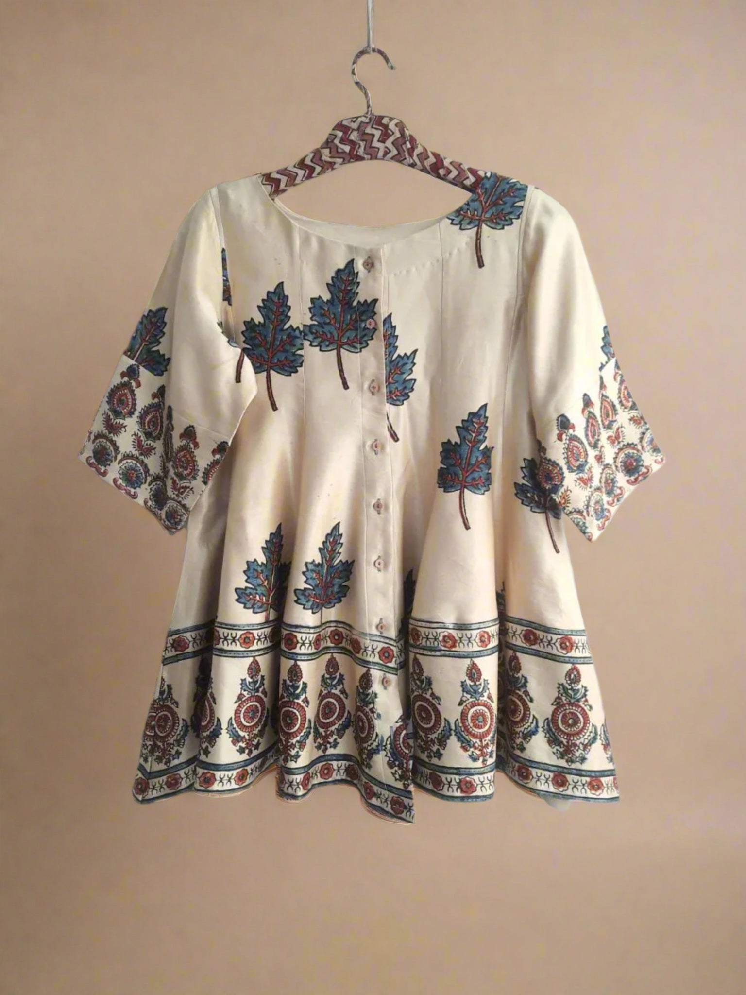 Beige ajrakh hand block prints mashru silk shirt or top for women. Handmade clothing for women.