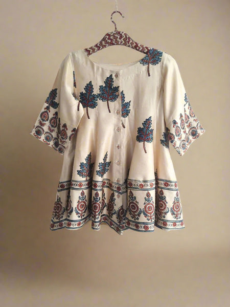 Beige ajrakh hand block prints mashru silk shirt or top for women. Handmade clothing for women.