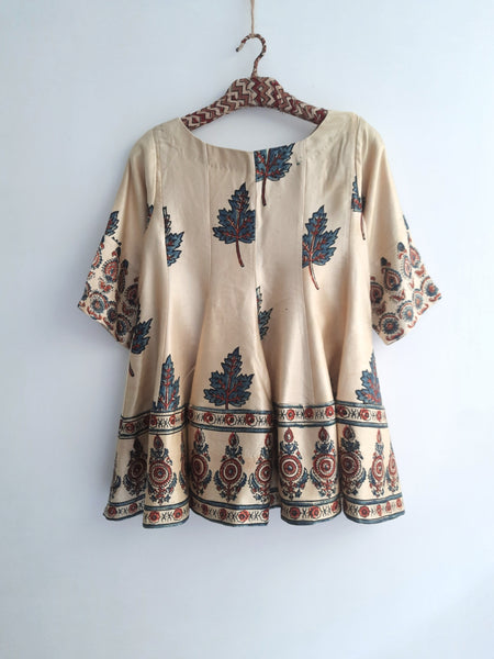 Beige ajrakh hand block prints mashru silk shirt or top for women. Handmade clothing for women.