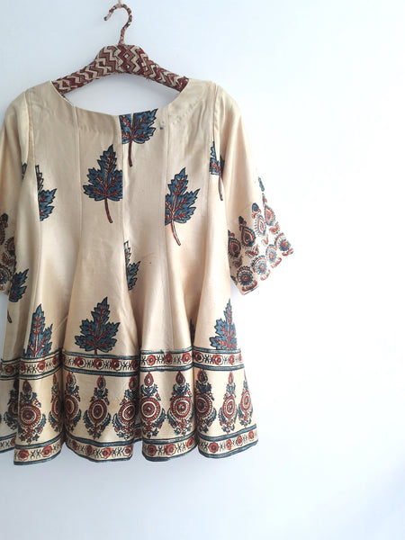 Beige ajrakh hand block prints mashru silk shirt or top for women. Handmade clothing for women.